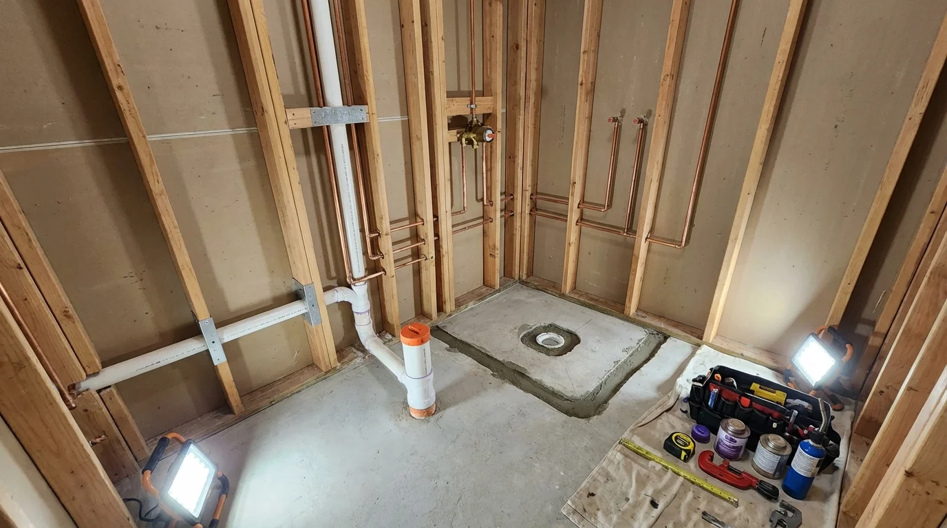 Bathroom rough-in plumbing during remodel by Johns Plumbing LLC in Strong