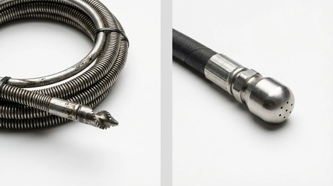 Drain snake cable and hydro jetting nozzle used for drain cleaning in Strong, ME