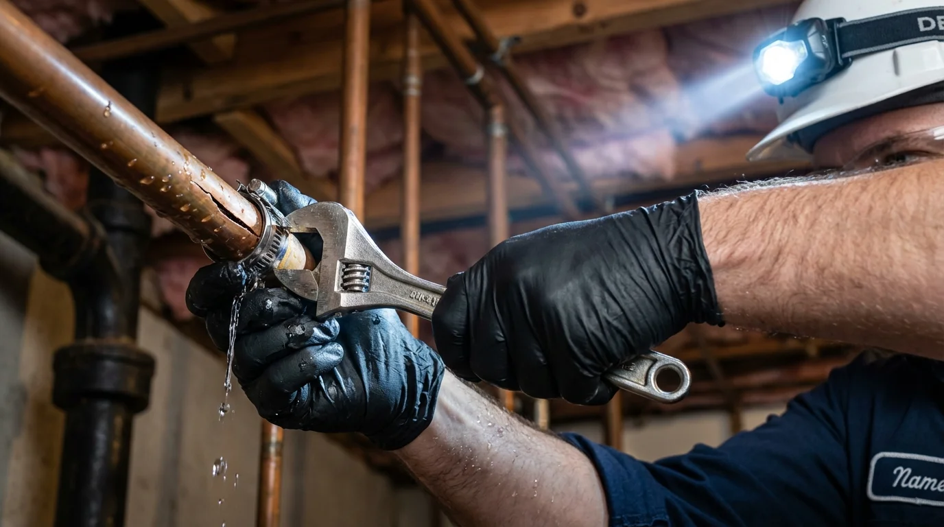 Emergency pipe clamp repair being performed by a Johns Plumbing LLC plumber in Strong