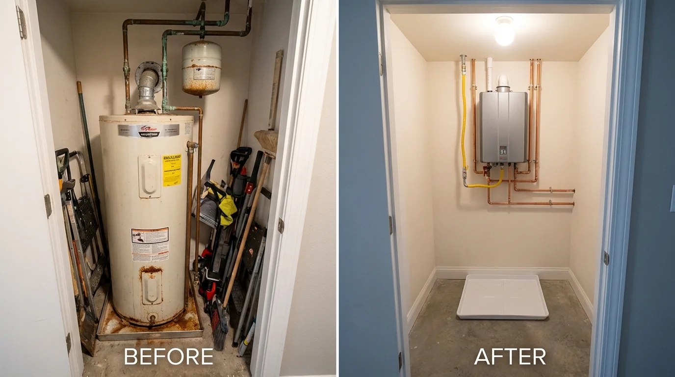 Tank water heater versus wall-mounted tankless unit comparison for Strong, ME homeowners