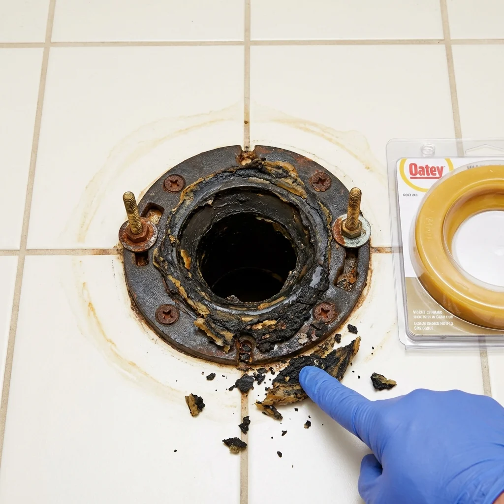 Failed wax ring showing water seepage at the base of a toilet in a Strong, ME home