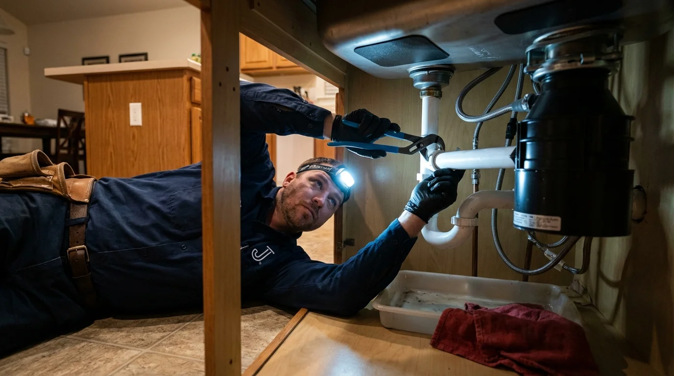 P-trap and supply line connections under a kitchen sink showing a common leak point in Strong, ME